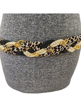 Cinch Belt Womens S/M Black Cord Animal Print Gold Metal Chain Detail 1980s